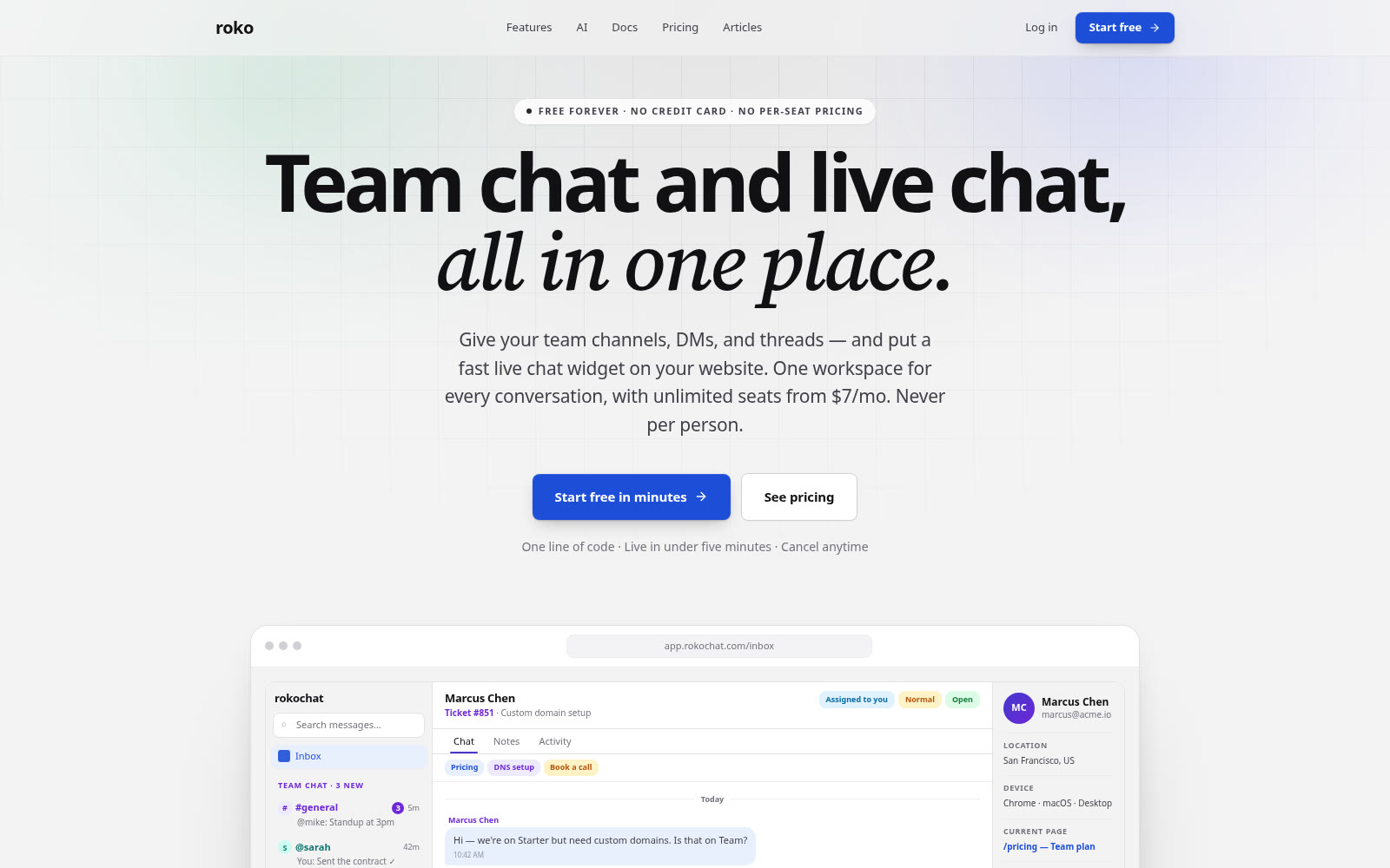 Roko homepage, team chat and live chat in one app